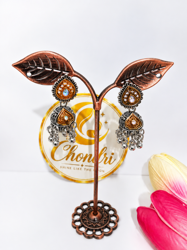 Antique Copper-Silver Stone Jhumka Earrings Antique Copper-Silver Stone Jhumka Earrings