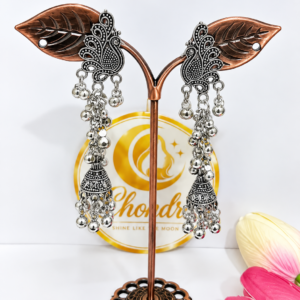 Oxidized Silver Peacock Jhumka Earrings with Ghungroo Tassels