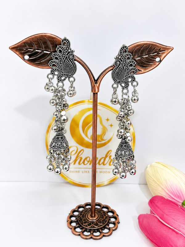 Oxidized Silver Peacock Jhumka Earrings with Ghungroo Tassels Oxidized Silver Peacock Jhumka Earrings with Ghungroo Tassels