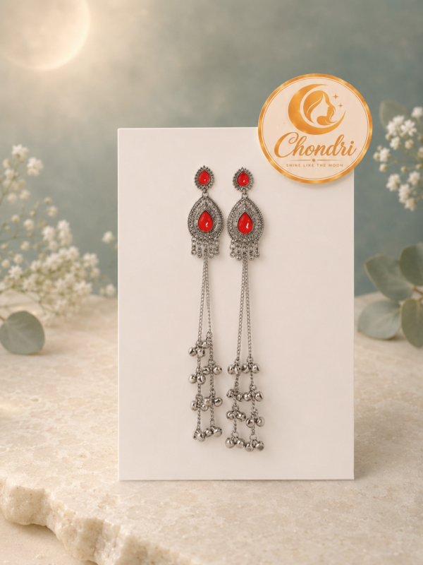 Red Stone Long Chain Earrings