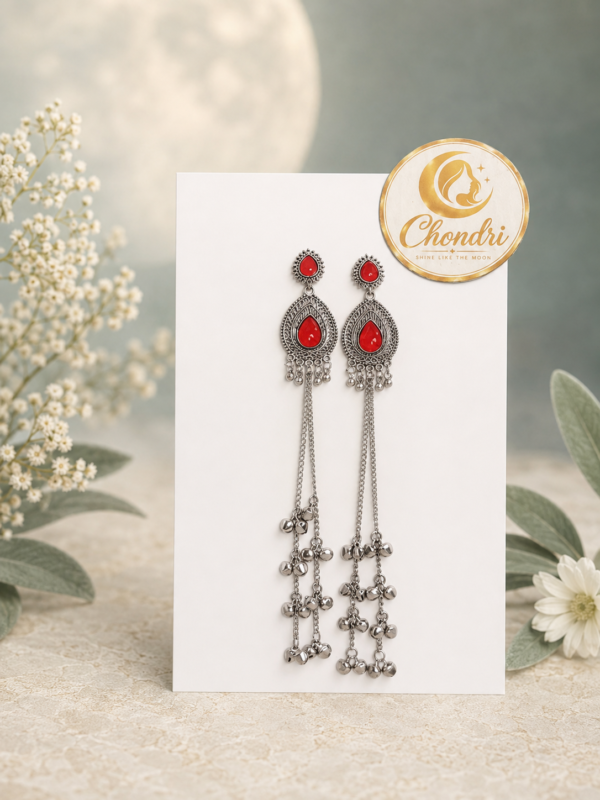 Red Stone Long Chain Earrings