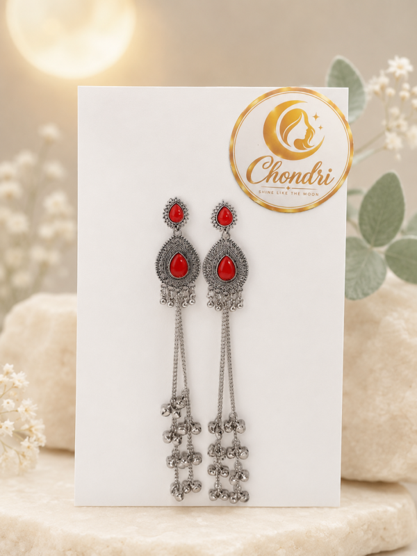 Red Stone Long Chain Earrings